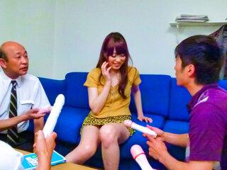 Moe Sakura gives guys a japan blowjob while masturbating